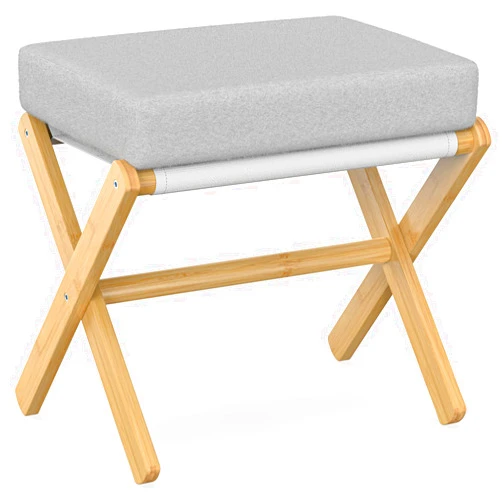BAMBOOHOMIE Makeup Vanity Stool, Foldable Foot Stool with Bamboo X Legs, Ottoman Foot Rest Chair for Vanity, Modern Foot Stools Small Padded for Makeup Room Bedroom Living Room (Natural - Grey)