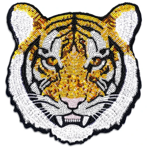Lyrow 1 Pc Tiger Sequin Patches Iron Clothing Sequin Iron-On Patches Animal Pattern Embroidery Beaded Appliques for Clothing Jeans Jackets for Halloween Event Dress Up (7.8'')