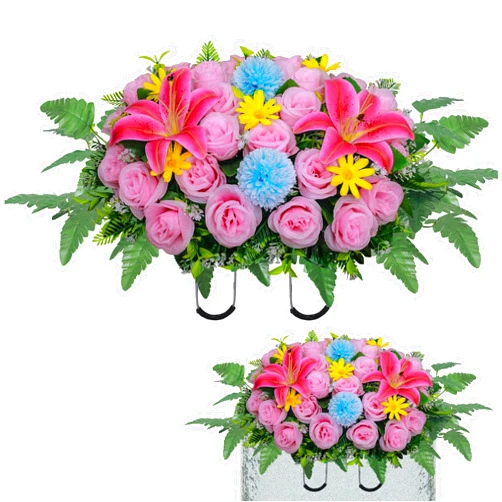 Lodou Artificial Cemetery Flower Saddles,Headstone Saddles for Graves,Lily Rose Flowers Saddle for Cemetery Headstones Decoration Outdoor Memorial Decorations (Pink Lily, Saddle)