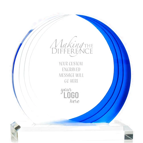 Baudville Blue and Frosted Acrylic Trophy Custom Add Your Logo