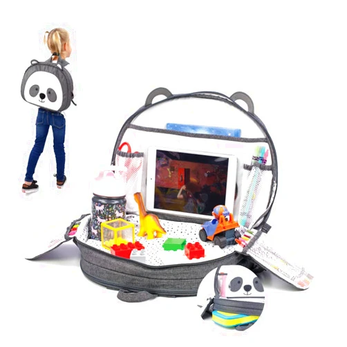 Lulyboo Toddler Car Seat Tray & Backpack - Kids Travel Lap Desk with Writing Surface, Panda Theme, Waterproof Spill-Proof, 8 Pockets, Built-in Tablet Holder, Adjustable Straps for Car & Air Travel