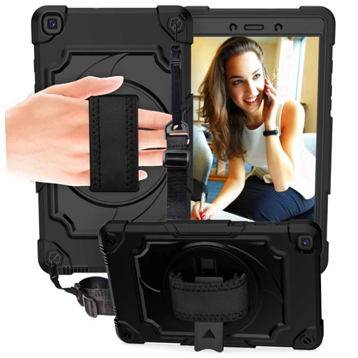 Dteck Case for Galaxy Tab A 8.0 2019 (Model SM-T290/T295/T297), Full-Body Protection Case 360 Degrees Rotating Stand & Hand Strap Shockproof Protective Cover for Galaxy Tab A 8.0 2019 Release,Black & Black