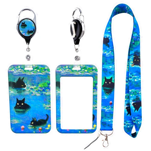 DMLSKY Funny Cat Lanyard for ID Badges Holder Keychain Key Lanyard with Retractable Reel for Men Women