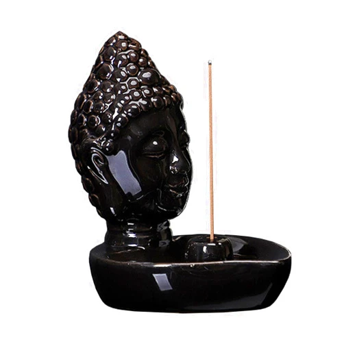 YIENENG Buddha Head Incense Holder for Sticks, Small Ceramic Incense Burner Healing, Meditaiong, Zen, Timer of Spa or Yoga, with Ash Catcher (Black)