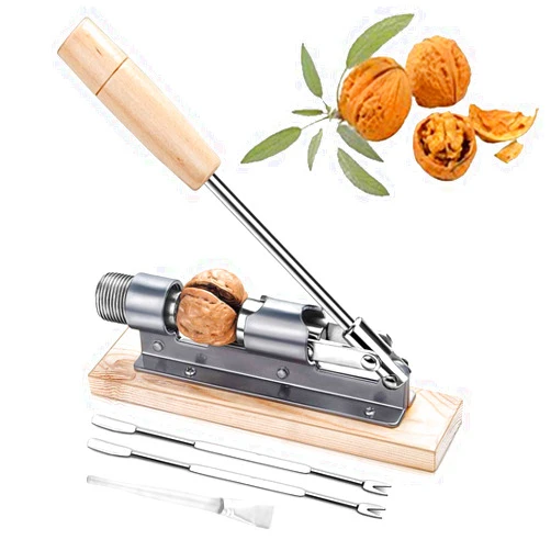 EGETOTA Nutcracker Heavy Duty Pecan Walnut Cracker Plier Opener Tool for Easy Cracking Nuts Hazelnuts Almonds Chestnut Desktop Wood Base with Handle & 2 Picks & 1 Cleaning Brush