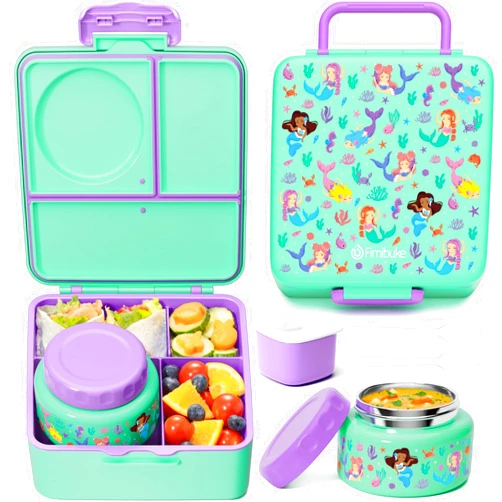Fimibuke Bento Box for Kids Adult, BPA Free & Leakproof Toddler Lunch Box with 8.5oz Insulated Thermos Food Jar, Utensils & Sauce Jar, Dishwasher Safe 3 or 4 Compartment Container for School Girl Boy
