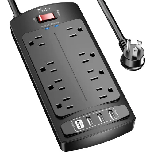 Nuetsa Surge Protector Power Strip - Nuetsa Flat Plug Extension Cord with 8 Outlets and 4 USB Ports, 6 Feet Power Cord (1625W/13A), 2700 Joules, ETL Listed, Black