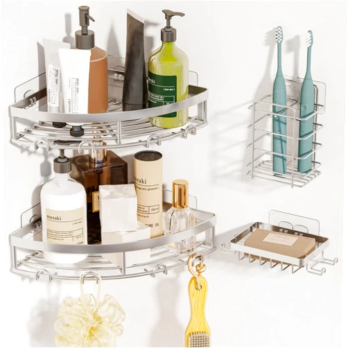 Fixwal Shower Caddy, Bathroom Corner Shower Organizers, Sliver Shower Shelves for Inside Shower with Soap Caddy & Toothbrush Holder, No Drilling Wall Mount 4-Pack