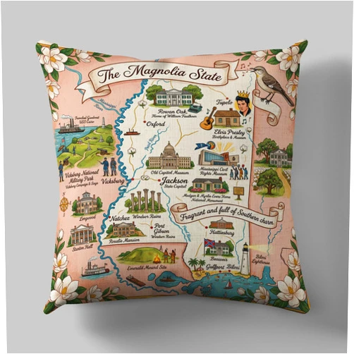 DECOPOW Vintage Mississippi Map Pillow Cover - Retro Magnolia State Fragrant and Full of Southern Charm Throw Pillow Cover Only 18x18, Cotton Linen