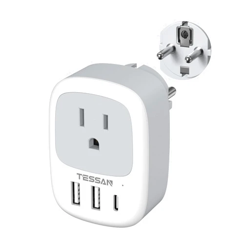TESSAN Type E F Plug Adapter USB C, TESSAN Germany France Power Adaptor, Schuko Outlet with 3 USB Ports, Travel Plug for US to Europe EU Spain Iceland Korea Greece Russia German French