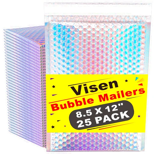Visen Holographic Bubble Mailers 8.5x12 Inch,25 Pcs Metallic Bubble Mailers,Poly Padded Envelopes,Self Seal Waterproof Shipping Bags,Glamour Bubble Envelopes for Mailing Packaging Small Business