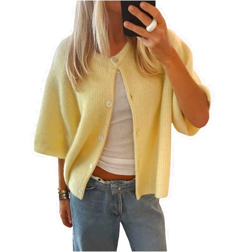 NVRENJIA Women Y2k Knitted Crop Cardigan Short Sleeve Button Up Rib Knit Solid Color Cute Sweater Shirt