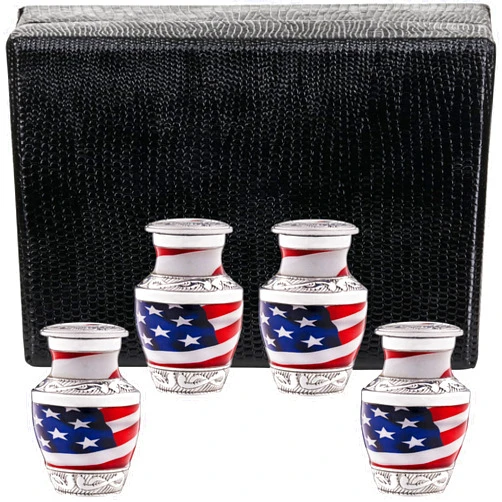 Olivia Memorials Small Urns for Human Ashes Adult Male or Female, Set of 4 American Flag Decorative Mini Urns for Veteran or Patriotic - Cremation Keepsakes Velvet Box - Police Army Urn and Ash Storage