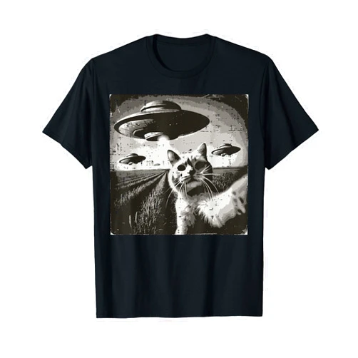 Cat Shirts For Women Men Girls Kids Kitten Gifts Cat Selfie Alien Ufo Funny Space Kitten Meme Men Women Kids T-Shirt