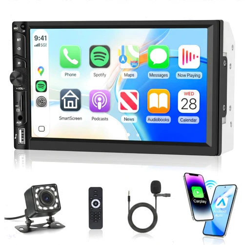 KYNNT 7 Inch Double Din Car Radio, Wireless CarPlay Android Auto, 2 Din Touch Screen Radio, Bluetooth Carplay Stereo, Mirror Link Dual Head Unit, FM EQ AUX USB, SWC, Backup Camera