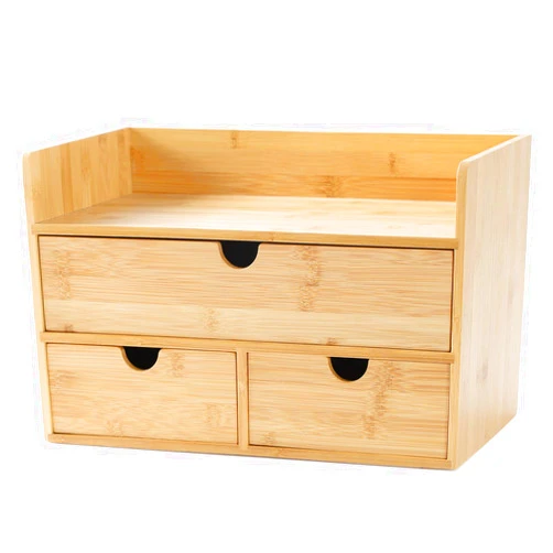 Wisuce Bamboo Desk Organizer, Mini Desktop Drawer Tabletop Storage Organization Box for Office Home Toiletries Supplies Vanity, No Assembly Required (3 Drawer with Shelf)