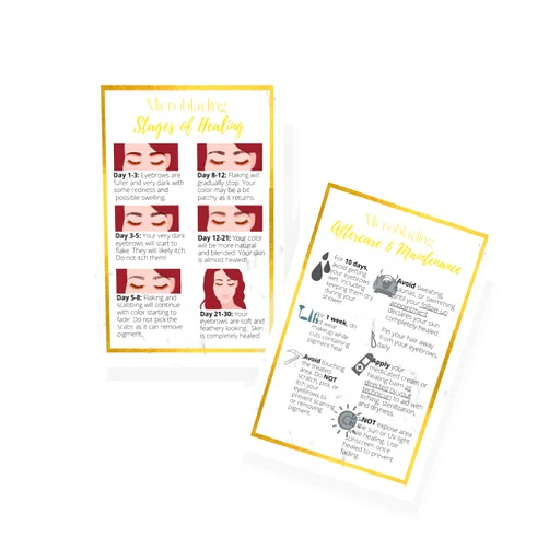Boutique Marketing LLC Eyebrow Microblading Stages Healing & Aftercare Instructions Postcards | Package of 30 | Double Sided Size 4 x 6 inches Postcard | Marble and Non-Metallic Gold Design