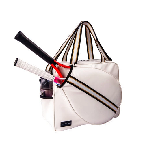 Remobia Hicol White PU Leather Women Large Sports Handbag Tennis Racket Shoulder Bag Tennis Tote Bag for 2 Rackets, with Water Bottle Holder
