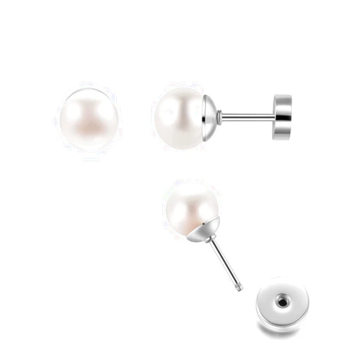 Renkovte 7mm Pearl Stud Earrings,Flat Screw Back Pearl Cartilage Helix Earrings 316L Surgical Steel Piercing Jewelry Gift for Women (7mm,Silver)