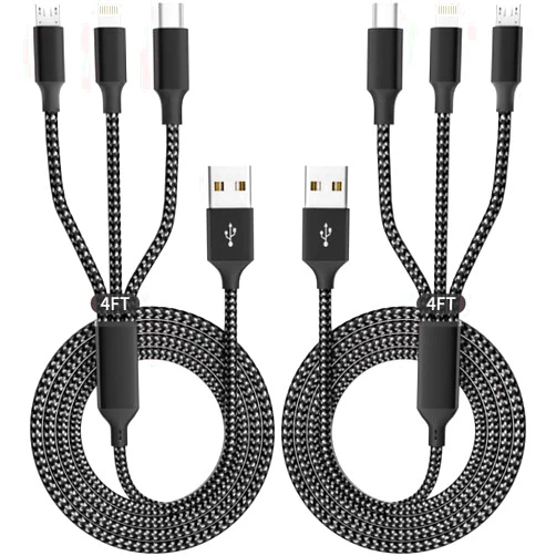IDISON Multi Charging Cable(2Pack 4FT), 3 in 1 Charger Cable Nylon Braided Multiple USB Cable Universal Charging Cord with Type-C, Micro USB and IP Port for Cell Phones and More