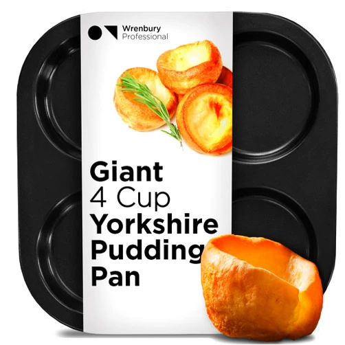 Wrenbury Heavy Duty Yorkshire Pudding Pan - 4 Large Cups for Perfect, Easy Release Puddings 4 inch - Even Heating, Non-Stick Coating Tray - Effortless Cleanup - 10 Year Guarantee