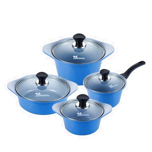 Ecoramic [ECORAMIC] Stone Pot Set, 4 Pots with 4 Glass Lids with Silicone Holder, Ceramic Cookware, Non-Stick, Non-scratch, Eco-Friendly, PFOA Free, Dishwasher Safe, Blue, Pink (Blue)