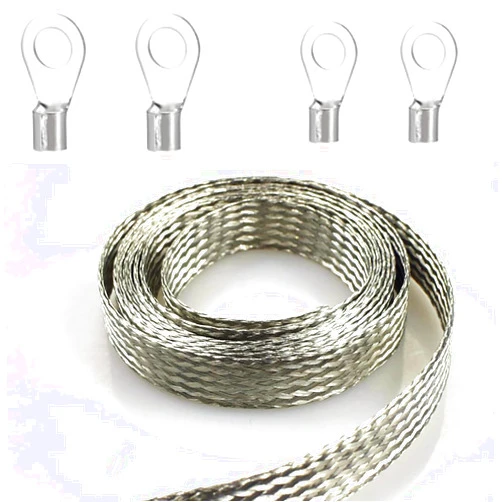 Euogeudel Tinned Flat Copper Braid Cable,6mm Flat Copper Braided Ground Strap Wire, Flexible Shielding Wire Mesh（16.4ft）
