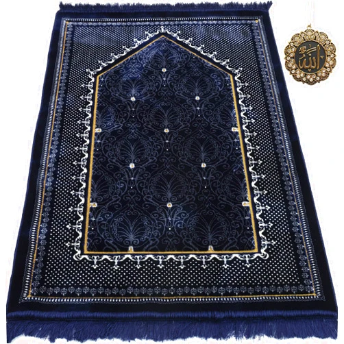 Modefa Turkish Islamic Velvet Prayer Rug - Thick & Wide Soft Praying Carpet - Large Traditional Muslim Salah Mat - Ramadan & Eid Gift - with Car Hanger - Double Plush Topkapi (Blue)