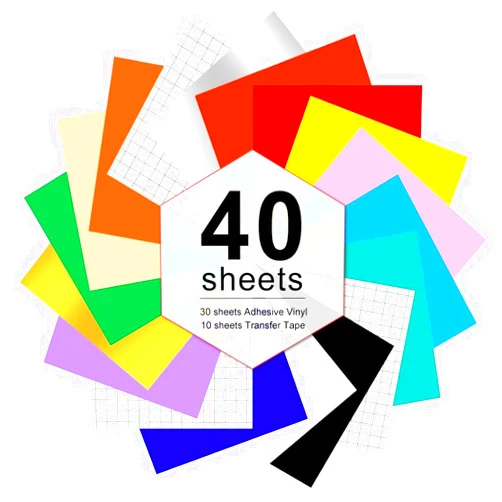 KUBOM 40 Sheets Smart Permanent Vinyl ，30 Sheets 5.5in x12in (15 Colors x2 Sheets) Adhesive Vinyl & 10 Sheets Transfer Tape