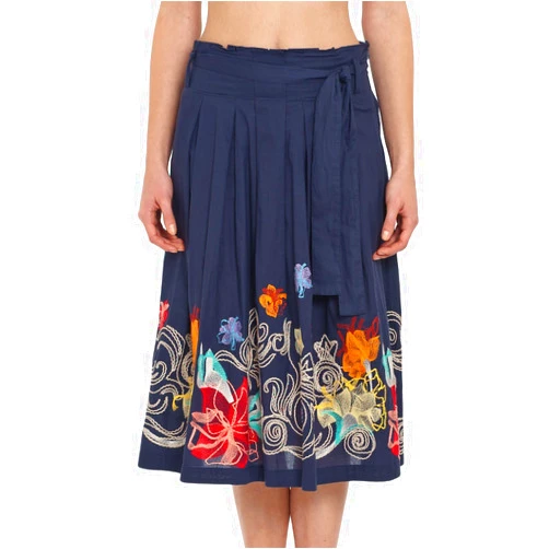 IVKO Cotton Skirt w Floral Embroidery, Elastic Waistband w Ties, Navy