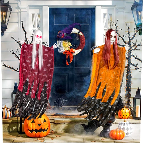 SUNREEK Halloween Hanging Ghosts with Bendable Arms, Animated Hanging Ghost Color Changing Light Up Eyes for Halloween Decoration Outside Indoor Spooky Scenes (Purple & Yellow)