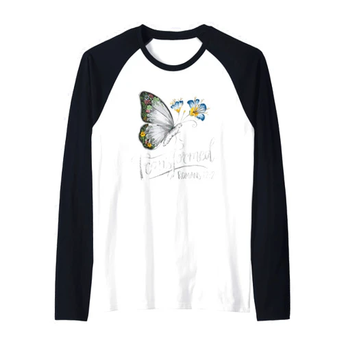 CharlIan Minds - Christian Bible Verse Transformed Romans 12-2 Butterfly Christian Bible Verse Raglan Baseball Tee