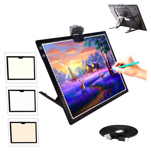 ASRAS Light Board for Tracing , 2500mha Battery Powered , 3 Colors Stepless Dimmable 6 Levels of Brightness Light Box Tracing Light Box for Diamond Painting, Sketching ,Built-in Stand, Magnet Clip
