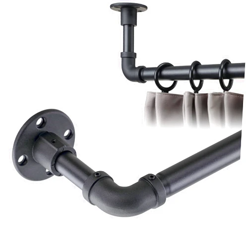 BsBsBest 1 inch Black Curtain Rods,Industrial Curtain Rod for Windows 28 to 48 inch,Blackout Window Rod for Outdoor,Adjustable Wrap Around Drapery Rod for Patio,Heavy Duty Rustic Pipe Curtain Rod for Farmhouse