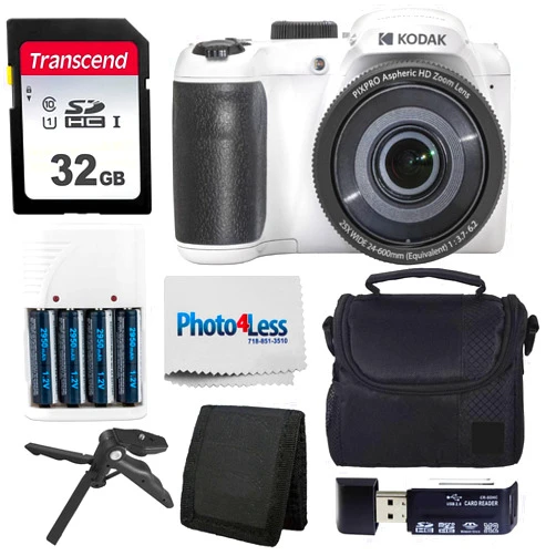 PHOTO4LESS Kodak PIXPRO AZ255 Digital Camera (White) + Point & Shoot Camera Case + Transcend 32GB SD Memory Card + Rechargeable Batteries & Charger + USB Card Reader + Table Tripod + Accessories