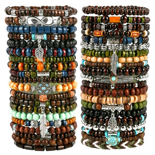 Necomarl 41pcs Punk Gothic Wooden Beaded Bracelet Set for Men,Adjustable Vintage Multilayer Beads Bracelets with Metal Accents Braided Wristbands,Multilayer Stackable Bracelets