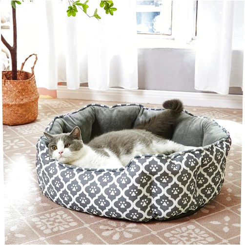 LUCKITTY Cat Bed,Soft Velvet & Waterproof Oxford Two-Sided Cushion, Easy Washable,Oval Geometric Pet Beds for Indoor Big Cats or Small Dogs (Paw Gray, S(20