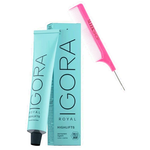 Sleekshop Comb + IGORA ROYAL HIGHLIFTS (10-0) Schwarzkapf Professional PERMANENT HIGH LIFTS Creme Hair Color Dye, 100% Coverage Cream Haircolor (with SLEEKSHOP Argan-Oil Infused PINK Comb)