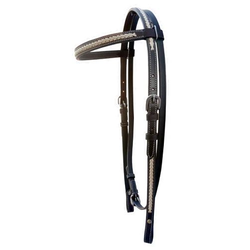 WeavingCraft Premium Western Headstall Bridle: Hand-Braided White Rawhide Weaving, Straight Brow Band, Black Leather Equestrian Gear