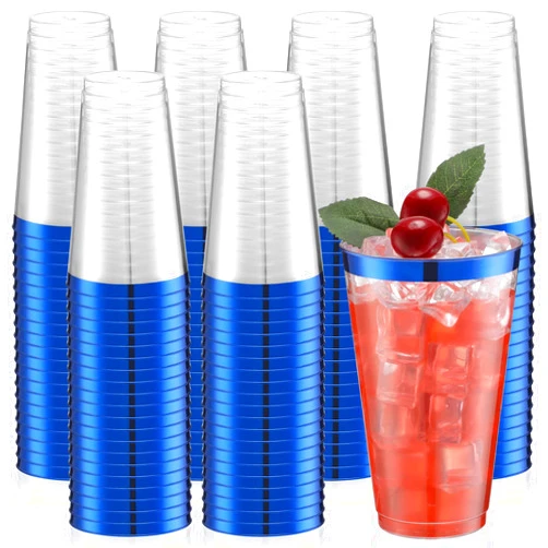 Patelai 100 Pcs 16oz Disposable Cups Rimmed Plastic Cups Disposable Wine Glasses Clear Plastic Tumblers with Rim Plastic Cocktail Cups for Holiday Wedding Graduation Birthday Party(Blue)