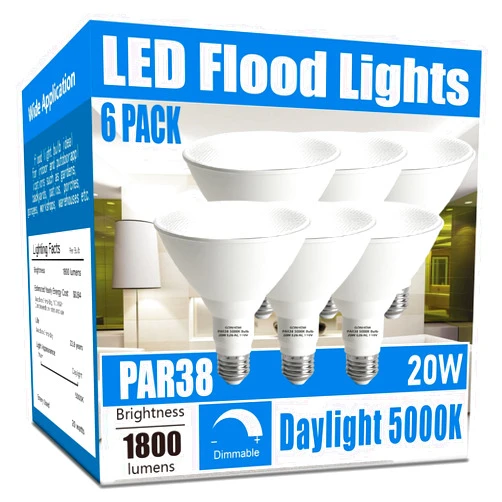 Gonhom Par38 LED Flood Light Bulbs Outdoor 6 Pack, Dimmable 5000K Daylight, 20W Replace up to 200W, 1800LM, E26 Base Outdoor Flood Light Bulbs for Backyard, Garage, Porch, Gardens
