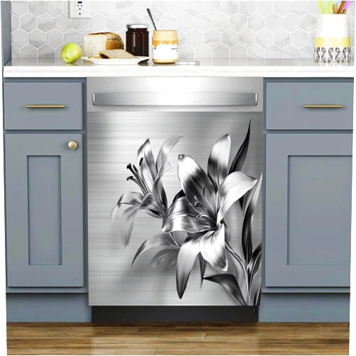 GUHOT Stainless Steel Flower Refrigerator Door Vinyl Panel Decal,Stainless Steel Silver Floral Dishwasher Decorative Cover Magnet,Gray Flowers Home Kitchen Decor