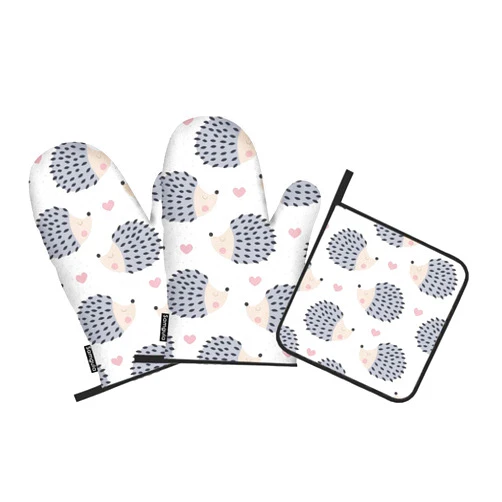 Samgula Cute Hedgehog Oven Mitts and Pot Holders Sets Pink Heart Dots Cartoon Heat Resistant 3pcs for Cooking Baking BBQ