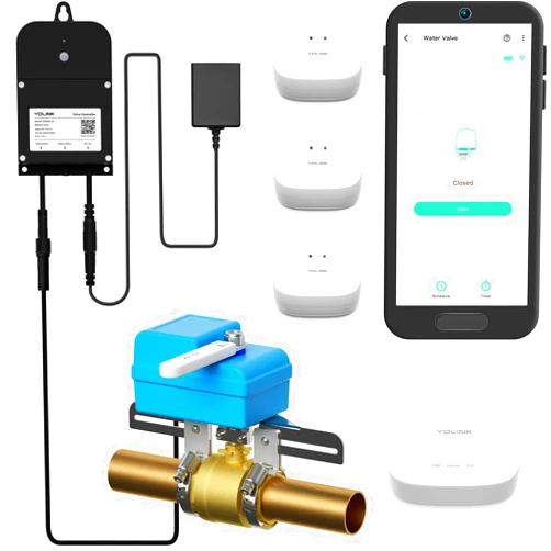 YoLink DIY Automatic Water Leak Detection & Shut-Off Starter Kit, Valve Operator, Wireless Valve Controller, (3) Leak Sensors, Hub
