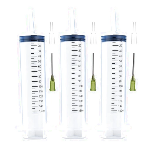 A AKRAF 3 Pcs 150ml Large Syringes with 14G 1.5'' Blunt Tip Needles and adapters, Sterile and Individual Sealed, Easy to Use and Clean, Plastic Garden Syringe for Liquid, lip Gloss, Paint, Epoxy Resin, Oil, Watering Plants, Refilling