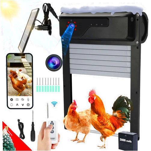 Dgavxa 𝙐𝙥𝙩𝙤𝙙𝙖𝙩𝙚 Automatic Chicken Coop Door with HD1080P Camera,Solar Powered Chicken Door with 5000mA Battery Storage,Remote Control, APP Control, Timer,Chicken Coop Camera with Night Vision