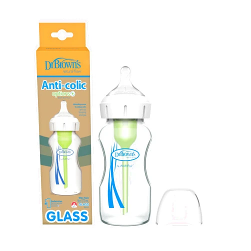 Dr. Brown's Natural Flow Anti-Colic Options+ Wide-Neck Glass Baby Bottle 9 oz/270 mL,with Level 1 Slow Flow Nipple,1 Pack,0m+