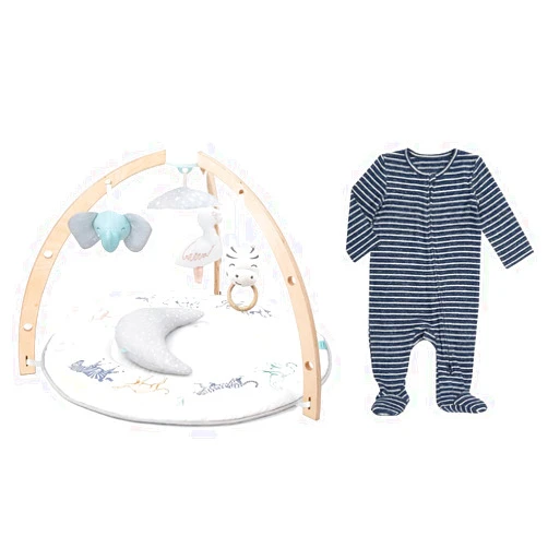 aden + anais Gift Set Bundle - Play and Discover Baby Activity Gym - Snuggle Knit Baby Boy Long Sleeve Zipper, Navy Stripe, 0-3M