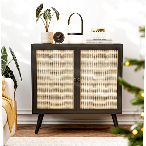 IKIFLY Black Rattan Sideboard Buffet Cabinet with 2 Handmade Natural Rattan Doors, Accent Storage Cabinet for Living Room, Hallway, Entryway, Kitchen