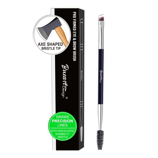 Bueart Design SHARP Fine Line ULTRA THIN Stiff Brow Brushes for PRECISION Natural Eyebrows #14 Duo Ended Angled Eyebrow Brush with Spoolie Eyelash Spiral Mascara Brush (Black & silver)